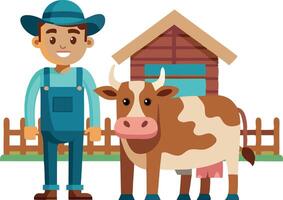 Smiling farmer with cow on a farm, standing in front of a barn vector