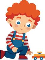 Cartoon illustration of a cute little boy playing with a toy car vector