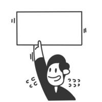 hand drawn doodle person holding blank mock up banner frame vector