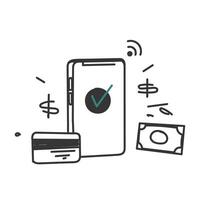 hand drawn doodle mobile phone and credit card with money access symbol vector