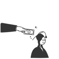 hand drawn doodle person put money tuition on graduation hat as piggy bank symbol for education dee tuition vector