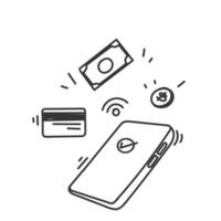 hand drawn doodle mobile phone and credit card with money access symbol vector