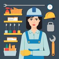 worker and builder wearing construction hat and tools vector