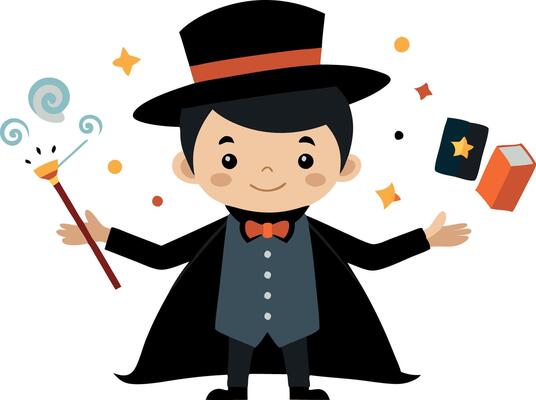 A cartoonish drawing of a man in a black hat and cape, holding a wand and a book