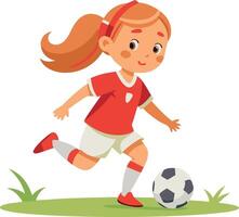 Cartoon of a young girl playing soccer, wearing a red uniform, and running on green grass vector