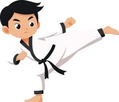 Cartoon boy practicing karate kick in white uniform with black belt vector