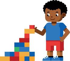A young boy is playing with a pile of colorful blocks vector