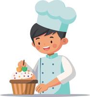 Young boy chef decorating a delicious cupcake with sprinkles and fruits vector