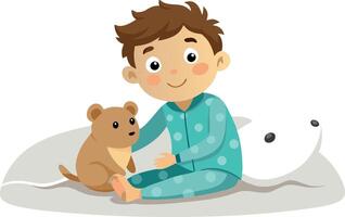 Cute boy in pajamas with teddy bear sitting on bed, isolated on white background vector