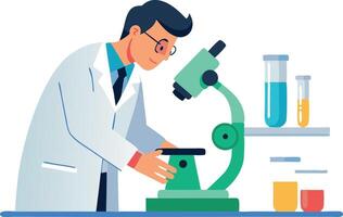 Scientist examining samples under microscope in research laboratory vector