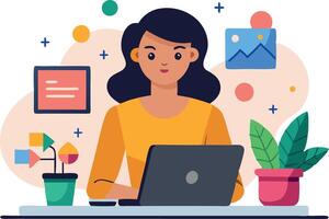 Illustration of a woman working on laptop with creative background elements vector