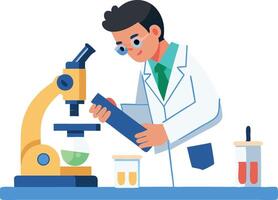 Scientist conducting experiment with microscope in laboratory vector