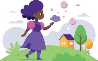A young girl is walking in a park with a bubble wand in her hand vector