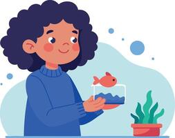 Smiling child holding a fishbowl with a goldfish, indoor scene with blue background vector
