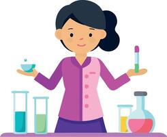 Female scientist conducting laboratory experiment with test tubes and equipment vector