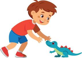 Cheerful boy interacting with a small dinosaur toy, enjoying playtime vector