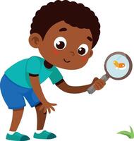 Curious boy using magnifying glass to explore a caterpillar on ground vector