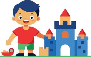 Illustration of a happy child building a colorful toy castle vector