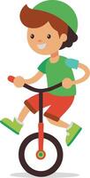 Cheerful boy riding a unicycle in colorful clothes and a green helmet vector