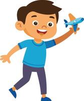 Happy child playing with toy airplane and wearing casual clothes, isolated on white background vector