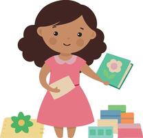 Cute child reading a book with colorful stacked books around vector