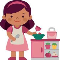 Young girl playing in toy kitchen with spoon and cup, cooking role play vector