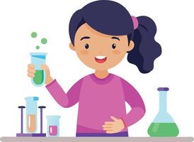 Young girl performing a science experiment with test tubes and beakers vector