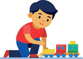 Illustration of a young boy playing with a colorful toy train on a white background vector