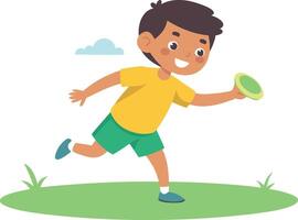 Happy boy playing with frisbee in park on a sunny day vector