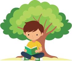 Little boy sitting under a large tree and reading a book on a sunny day vector