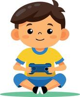 Cute boy enjoying a game, sitting on the floor with a controller vector