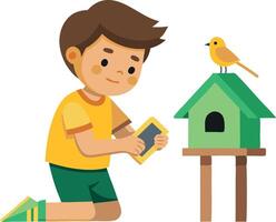 Illustration of a young boy building a birdhouse with a bird perched on top vector