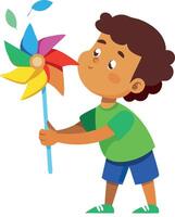 Illustration of a happy boy playing with a colorful pinwheel vector