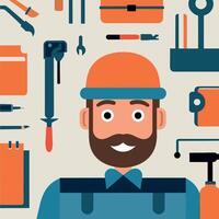 worker and builder wearing construction hat and tools vector