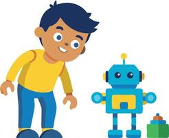 Smiling boy playing with a colorful robot toy on a white background vector