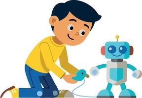 Child playing with remote-controlled robot in colorful illustration vector