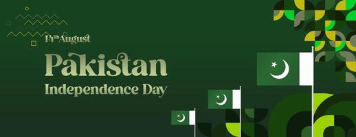Pakistan Independence Day banner in modern geometric style. Wide banner with typography and also country flag. Background for National holiday celebration party. Happy Independence Day of Pakistan vector