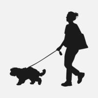 silhouette of women walking with dog. side view. isolated on white background. graphic illustration. vector