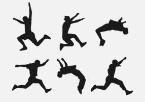 young men doing parkour. different techniques, poses, movements, actions in silhouette style. graphic illustration. vector
