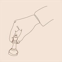 continuous line drawing of hand holding and moving chess piece. play chess. editable stroke. graphic illustration. vector