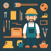 worker and builder wearing construction hat and tools vector