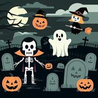 Halloween witch, skull and pumpkin, dark theme vector
