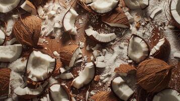 Coconut pieces are scattered across the background photo