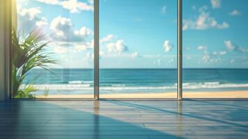 Panoramic window overlooking the beach and ocean photo