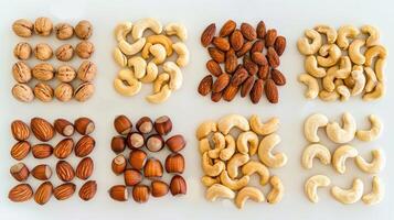 Rows of different nuts on a white background photo