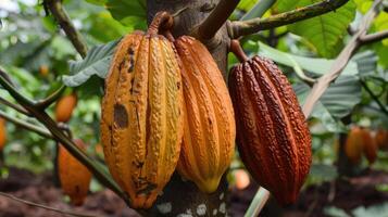 Cocoa pods grow on tree. The cocoa tree with fruits photo