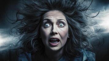 A woman with a very scary expression on her face, AI photo