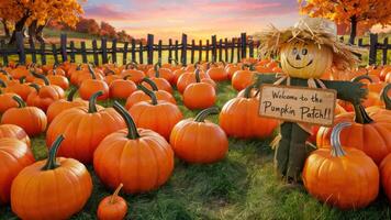 A field of pumpkins with a scarecrow in the middle, AI photo