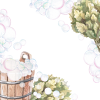 Wooden bucket with soap bubbles and oak broom in watercolor illustration . Hand-drawn illustration of a set for advertising spa, hamam, Turkish bath, Finnish sauna, beauty salons png