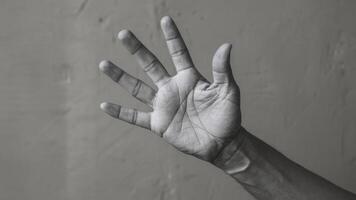 A hand reaching out for something in front of a black and white wall, AI photo